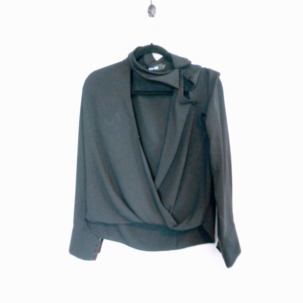 Do + Be Vicki black long sleeve draped front blouse with buttoned detail at the